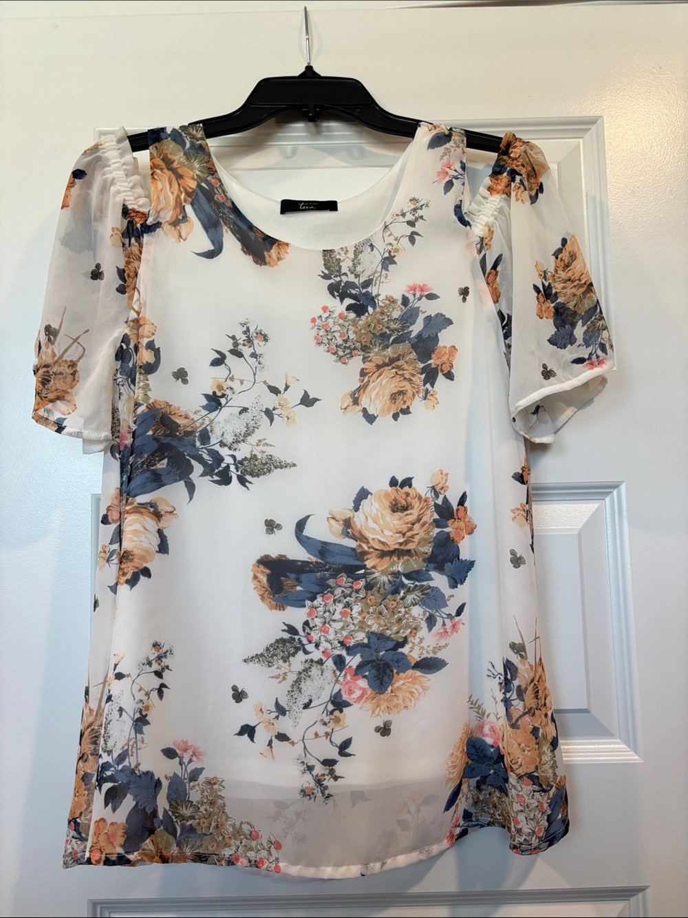 Tua Floral Puff-Sleeve Chiffon Blouse - White, Blue & Mustard